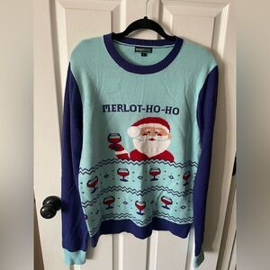 Blue Santa Claus Wine Merlot Ho Ho Christmas Holiday Sweater women’s Size Large